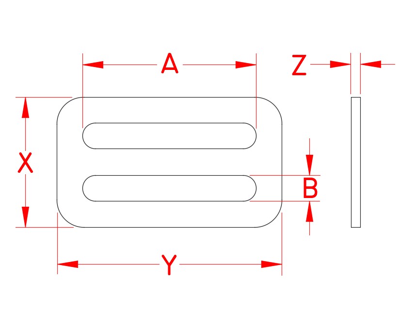 Stainless Steel Fixed Threading Plate, webbing hardware, S0215-0025, S0215-0038, S0215-0050, S0215-L050, Line Drawing